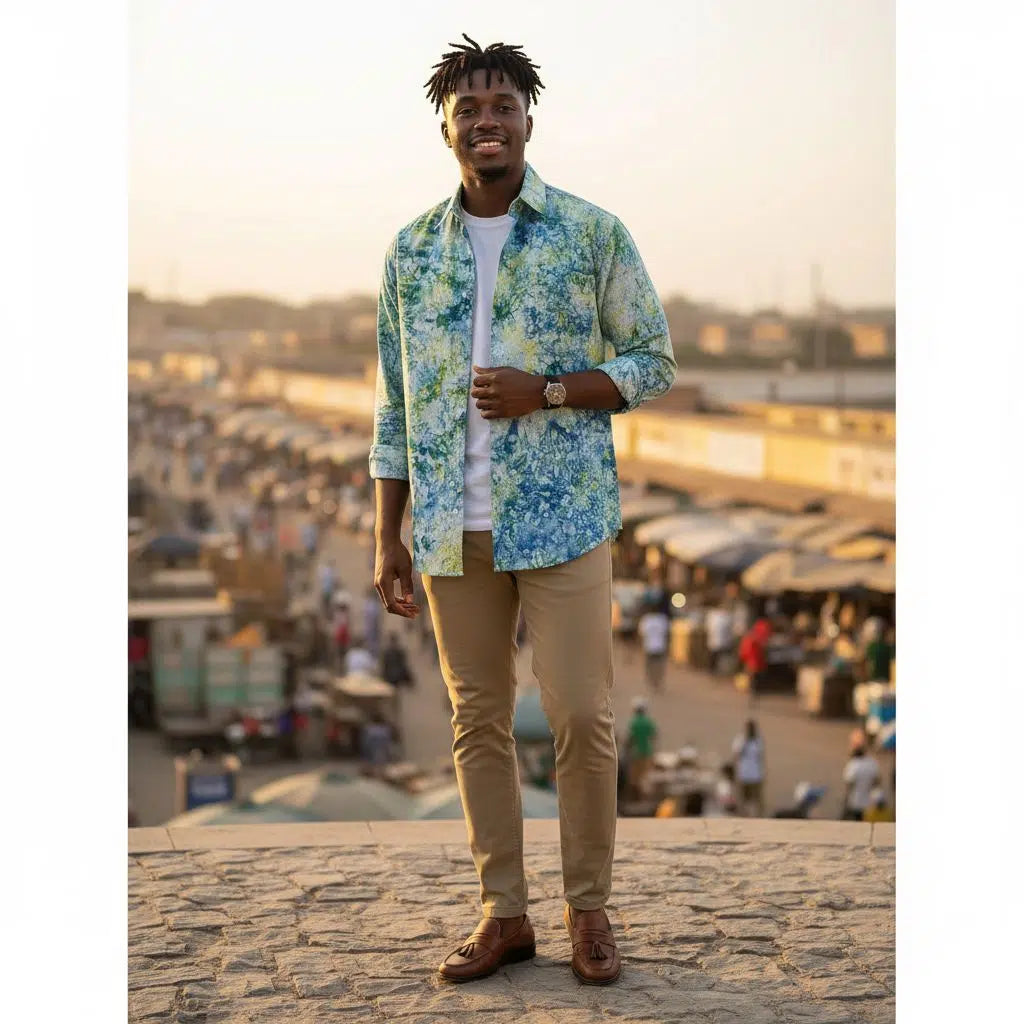 Chemise homme batik multicolore – manches longues, coton artistique 2XL