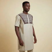 Chemise homme beige à carreaux, col rond, chic et décontractée