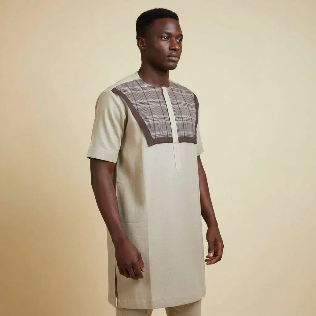 Chemise homme beige à carreaux, col rond, chic et décontractée