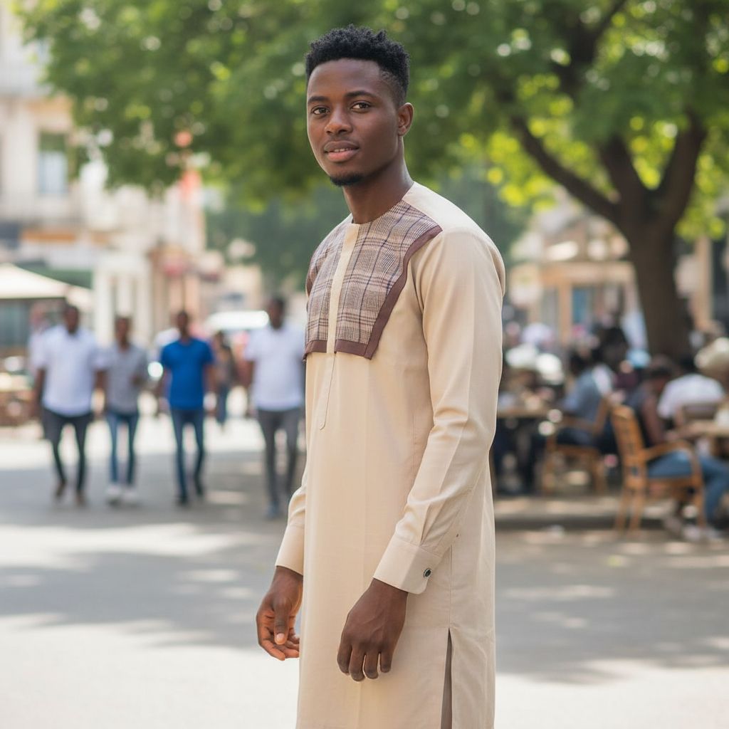 Chemise homme beige à carreaux, col rond, chic et décontractée