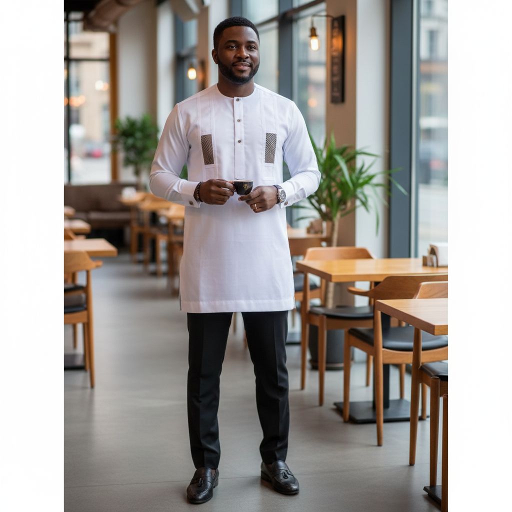 Chemise homme blanche en coton col mao avec des détails carreaux