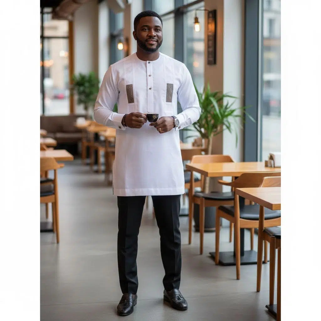 Chemise homme blanche en coton col mao avec des détails carreaux