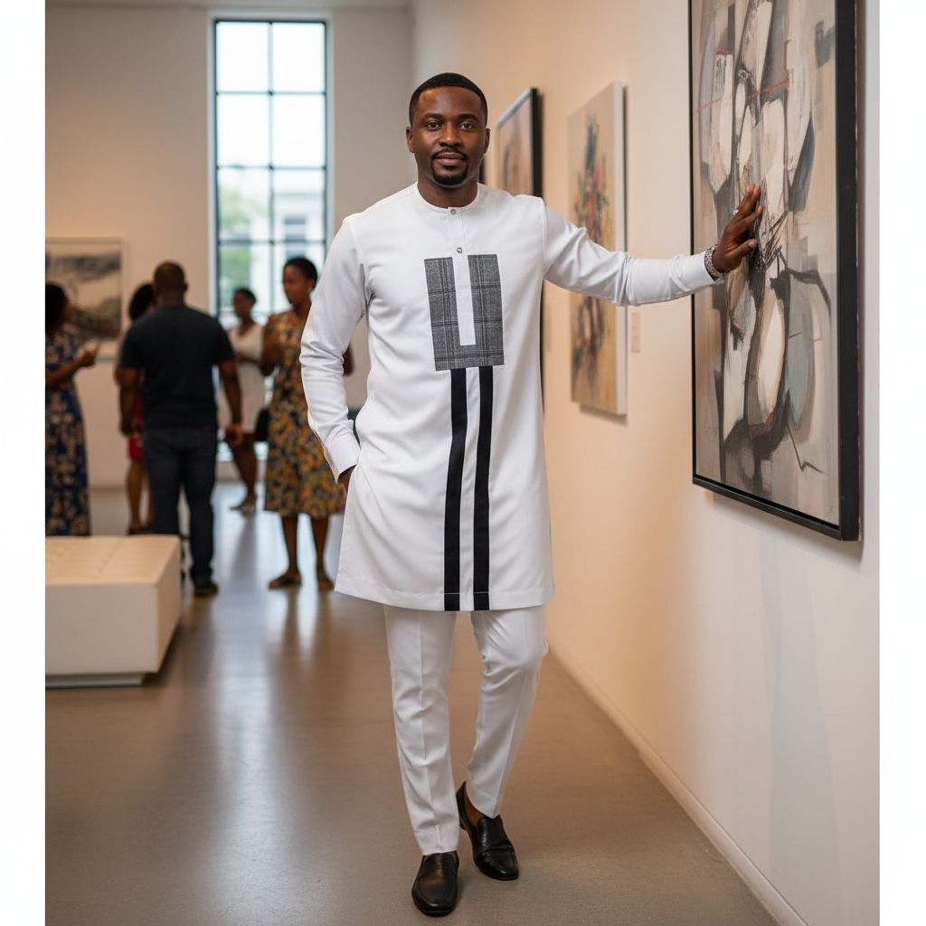 Chemise homme blanche élégante col rond coton, design moderne noir et blanc