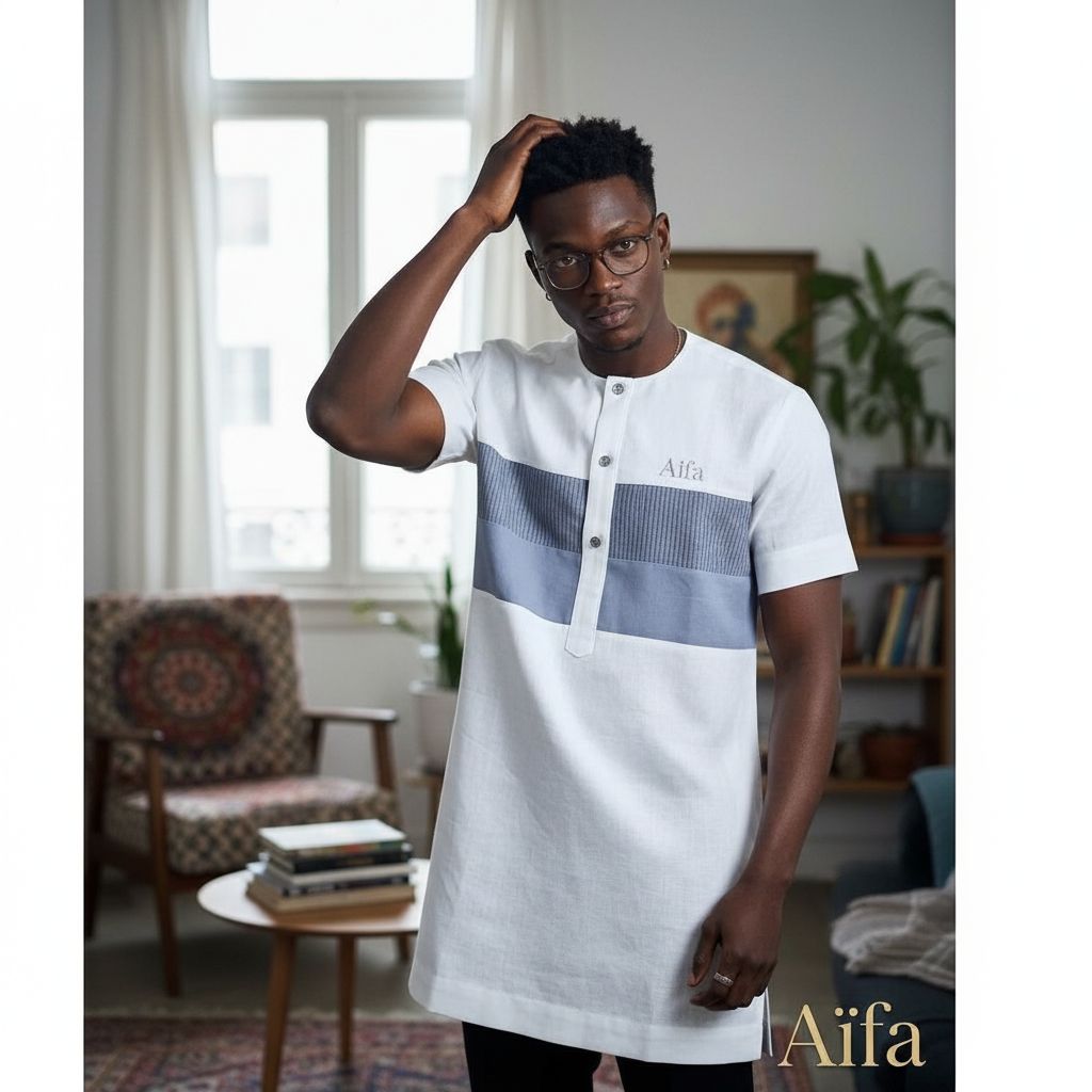Chemise homme blanche col mao, manches courtes, lin coton chic et moderne