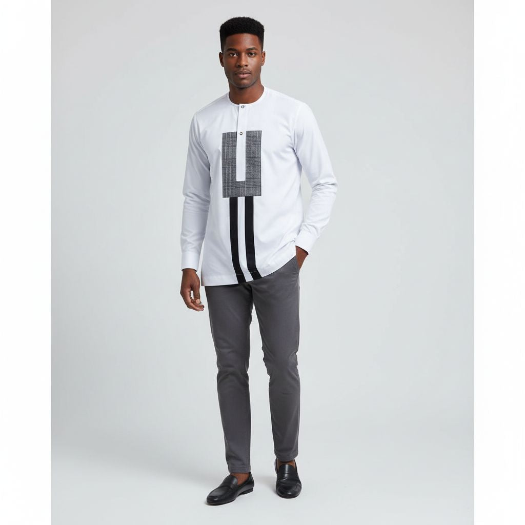 Chemise homme blanche élégante col rond coton, design moderne noir et blanc