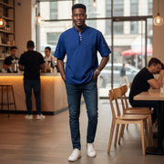 Chemise homme bleu col mao manches courtes élégante coton soirée XL