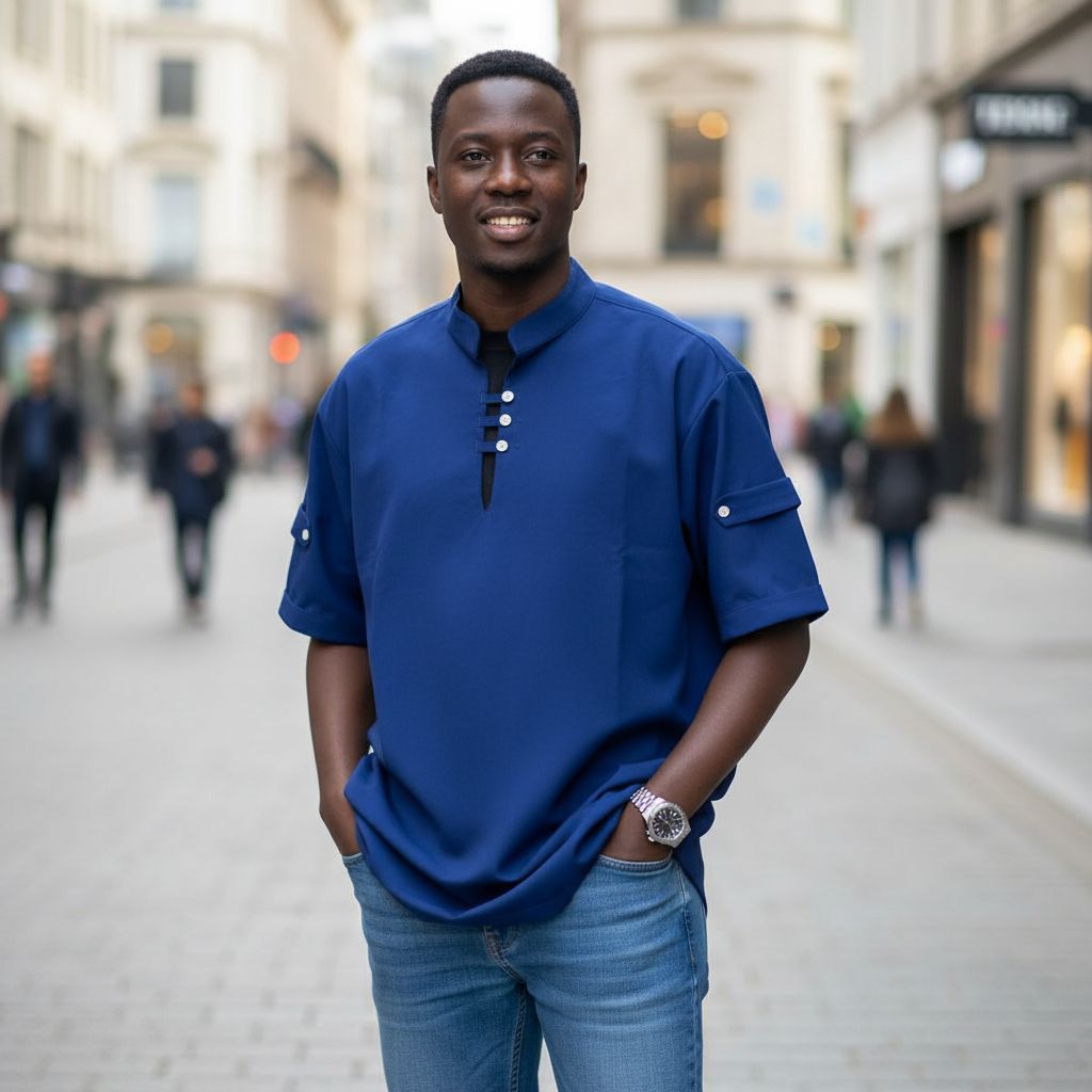 Chemise homme bleu nuit élégante col mao, manches courtes, style moderne