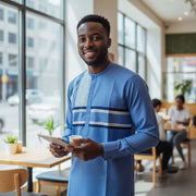 Chemise homme bleu col mao coton léger, élégante et confortable