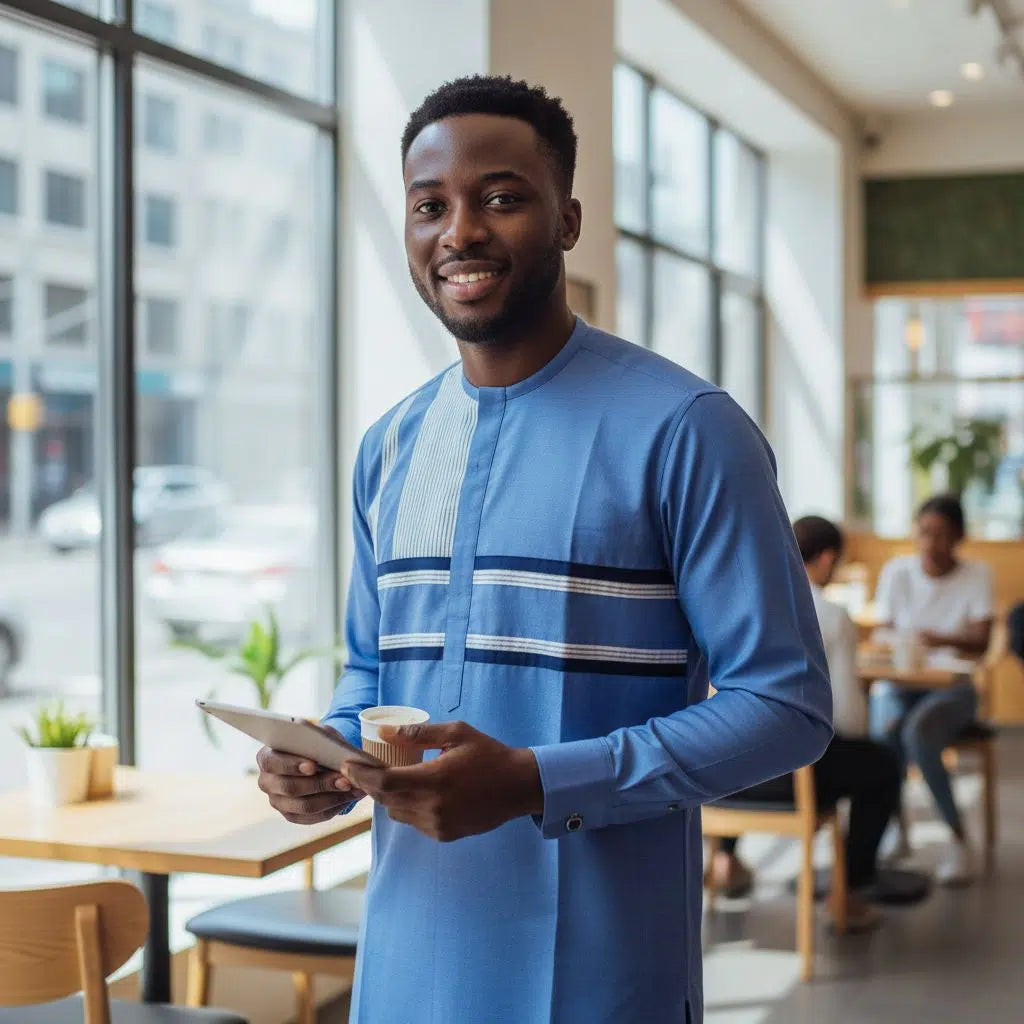 Chemise homme bleu col mao coton léger, élégante et confortable