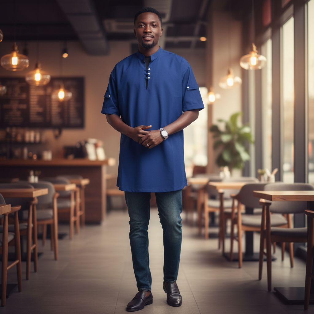 Chemise homme bleu col mao manches courtes élégante coton soirée XL