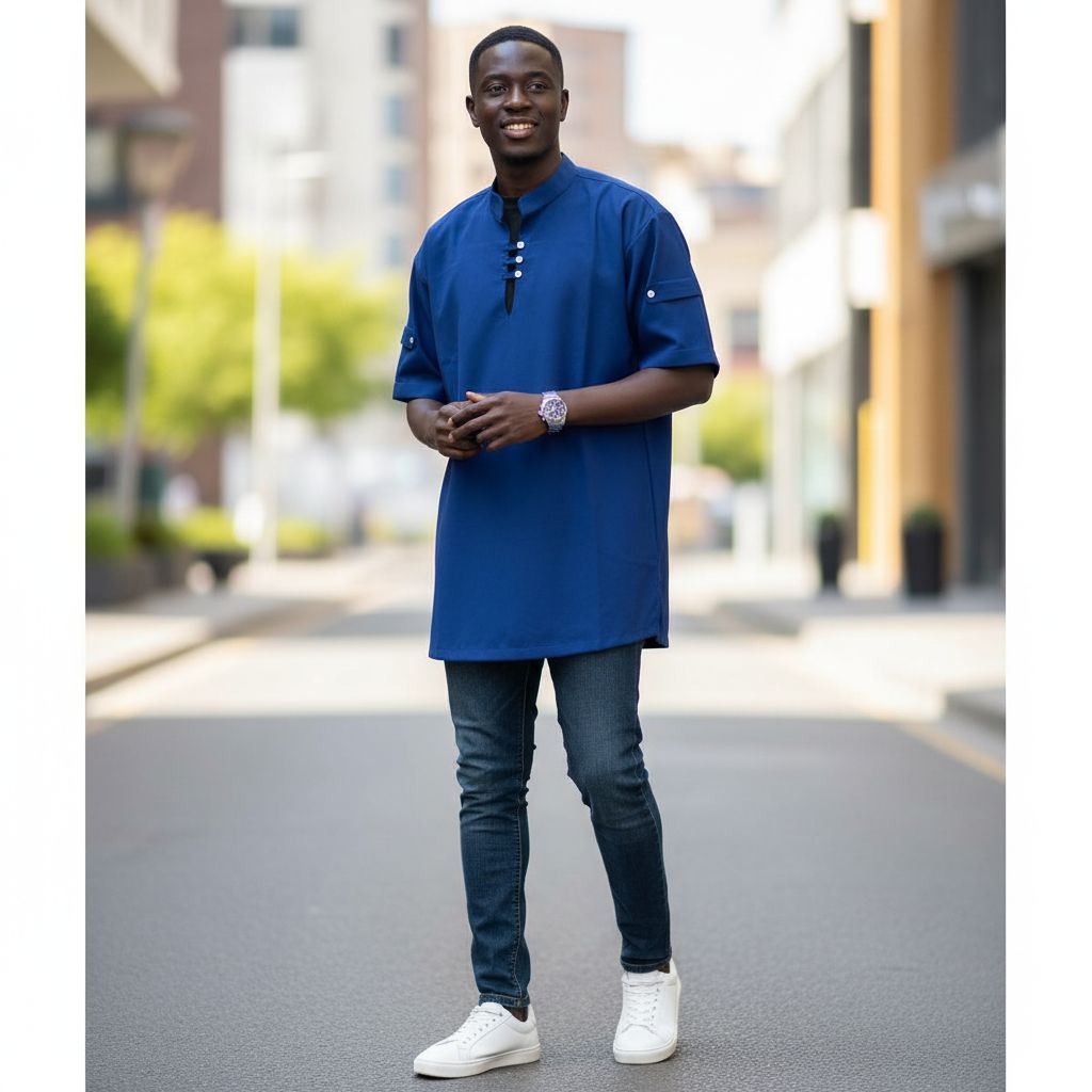 Chemise homme bleu nuit élégante col mao, manches courtes, style moderne