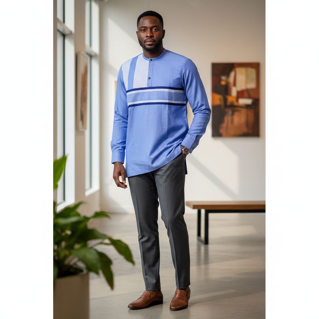 Chemise homme bleu col mao coton léger, élégante et confortable