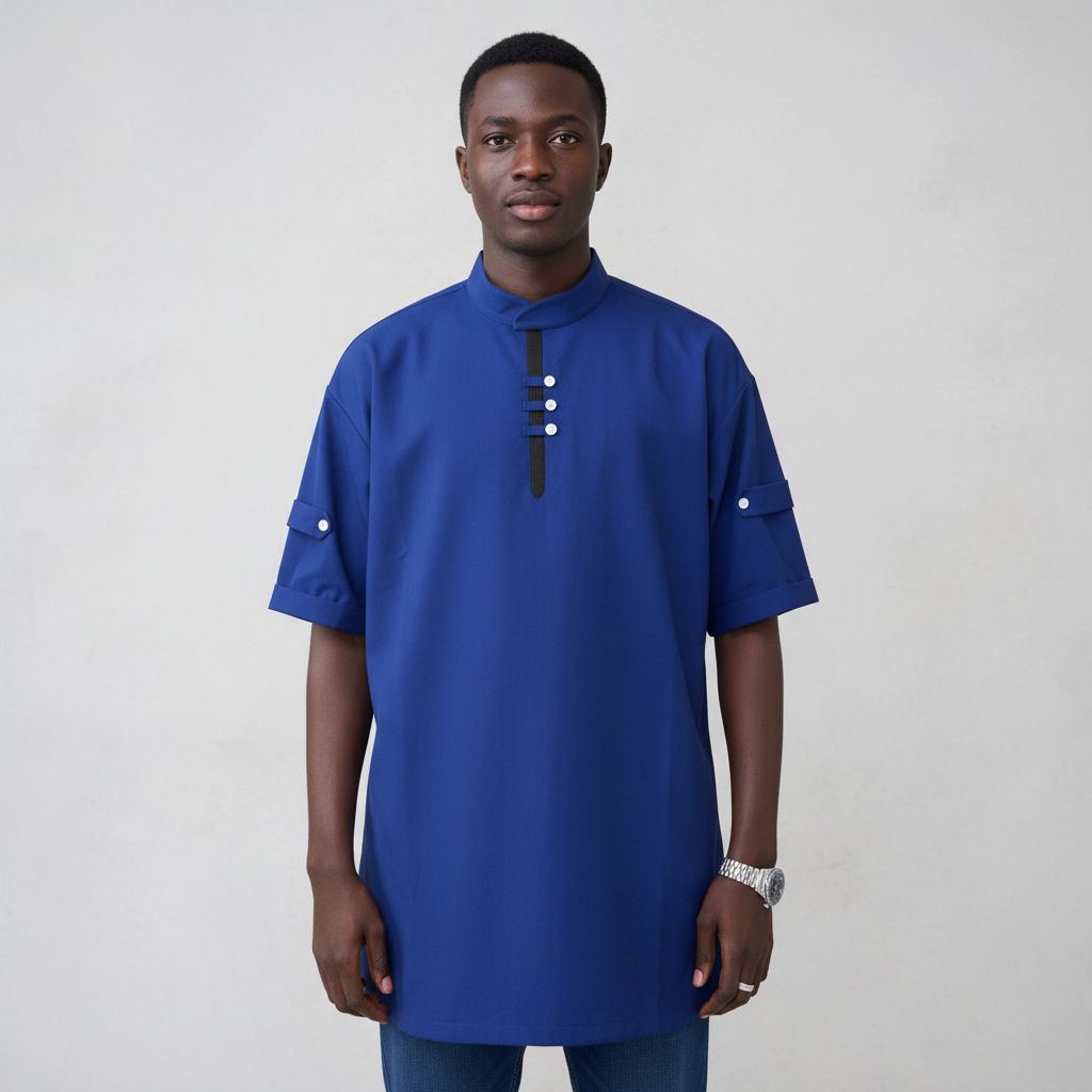 Chemise homme bleu col mao manches courtes élégante coton soirée XL