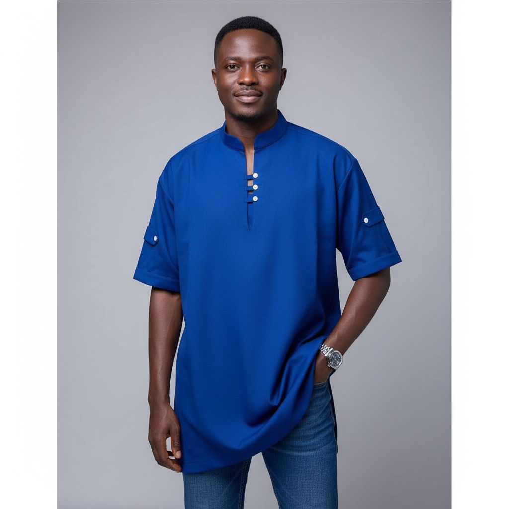 Chemise homme bleu nuit élégante col mao, manches courtes, style moderne