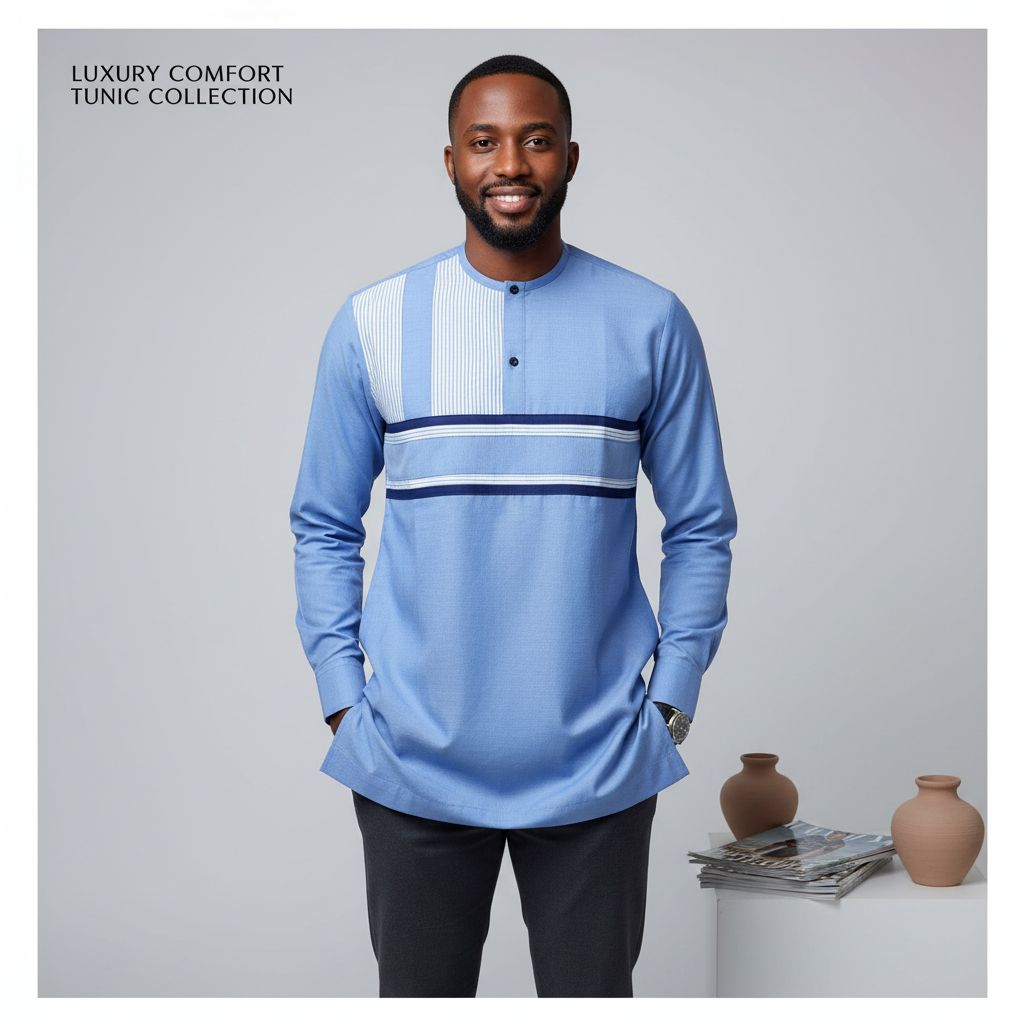 Chemise homme bleu col mao coton léger, élégante et confortable