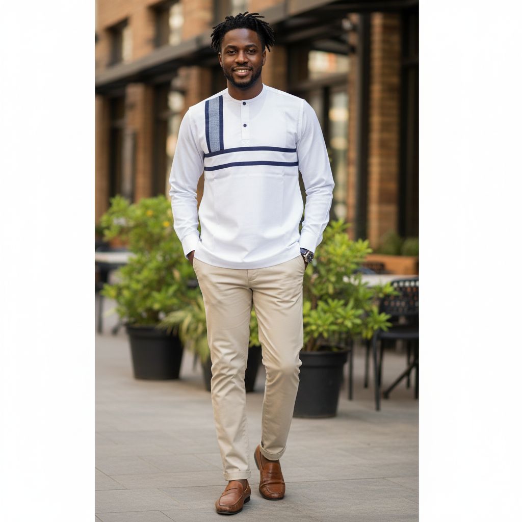 Chemise homme coton blanc avec pagne tissé