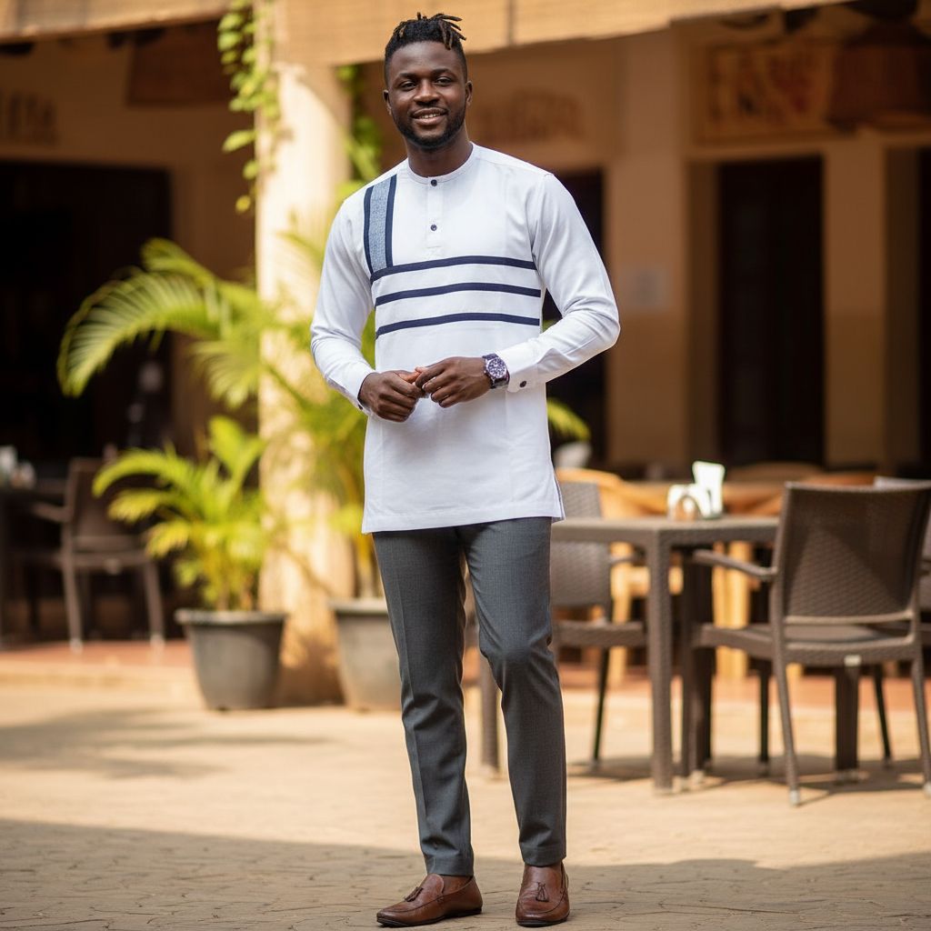 Chemise homme coton blanc avec pagne tissé