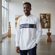 Chemise homme coton blanche col mao et pagne tissé manches longues