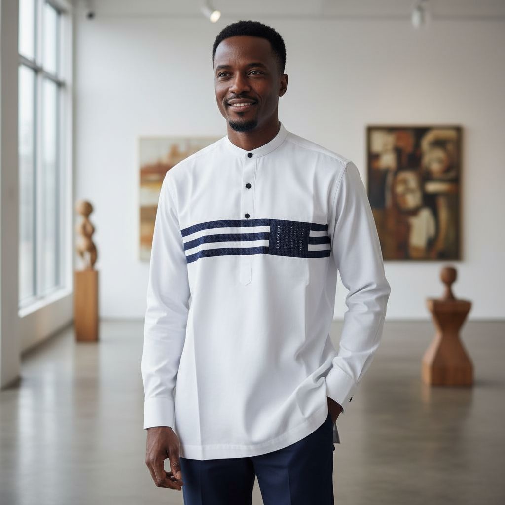 Chemise homme coton blanche col mao et pagne tissé manches longues