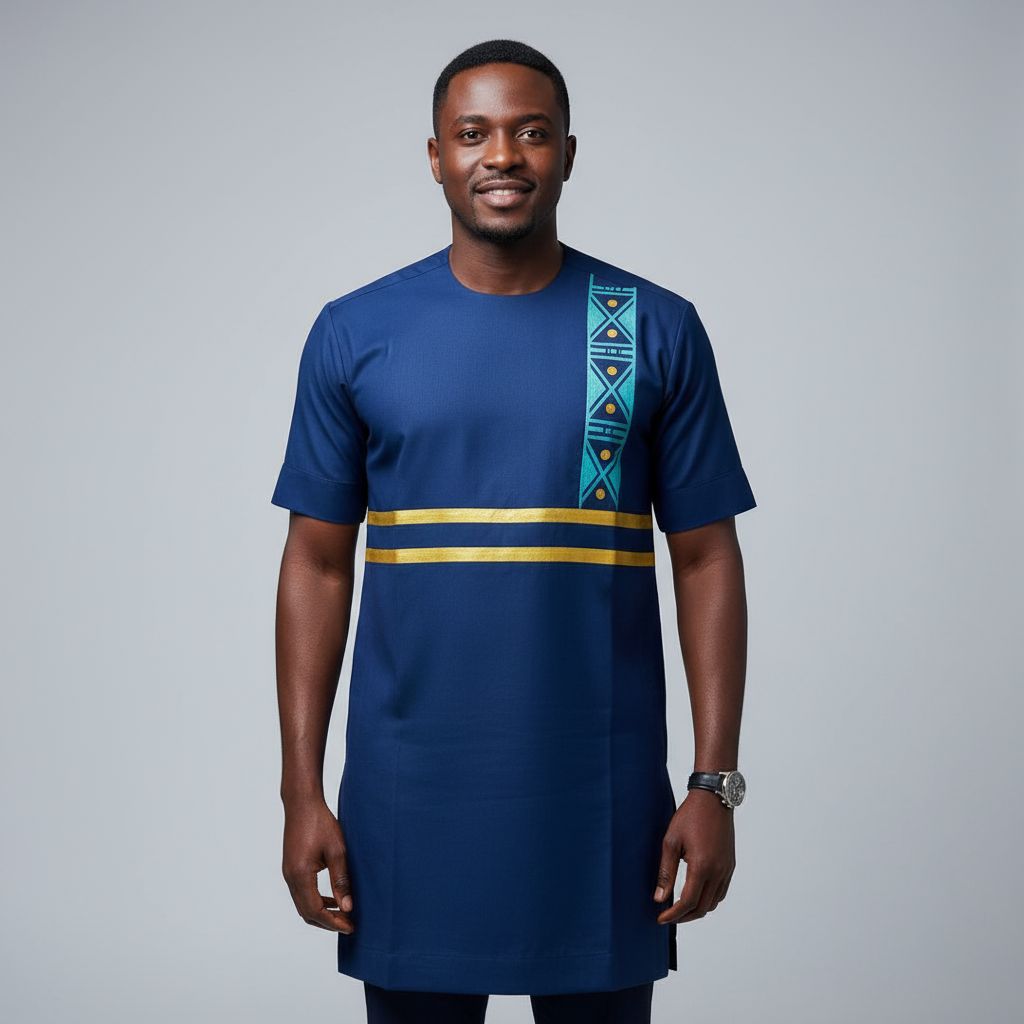 Chemise homme coton bleu marine artisanale, motifs dorés peinte main chic