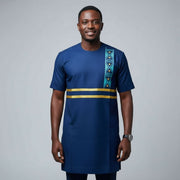 Chemise homme coton bleu marine artisanale, motifs dorés peinte main chic