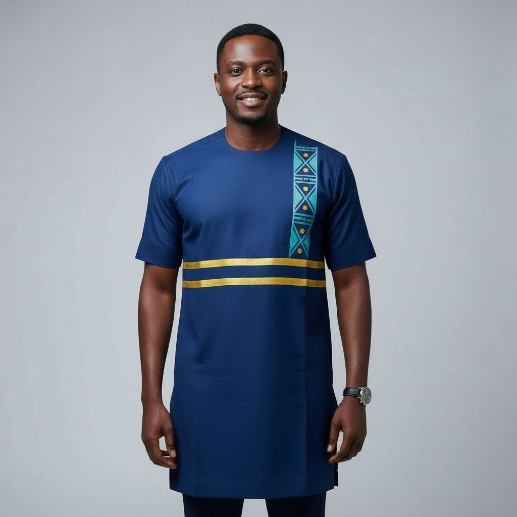 Chemise homme coton bleu marine artisanale, motifs dorés peinte main chic