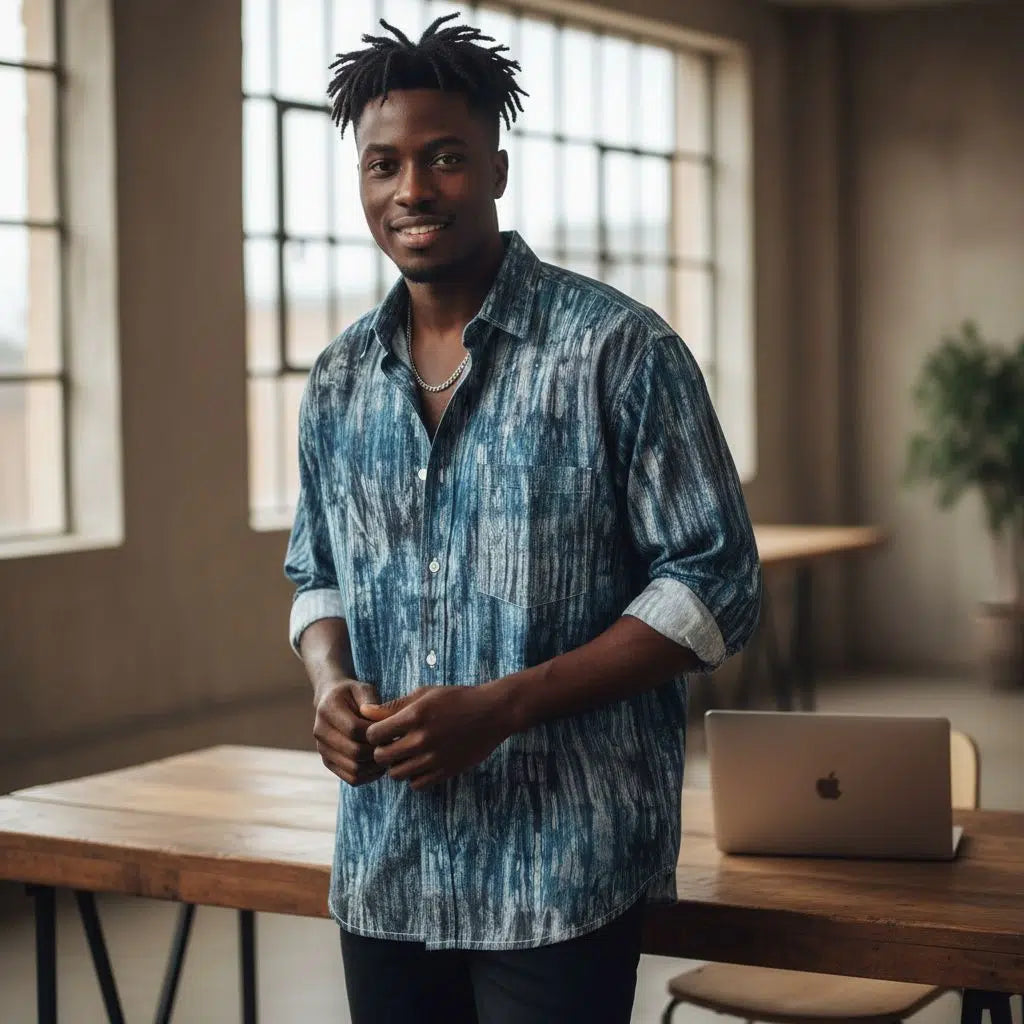 Chemise homme coton 2XL manches longues, motif artistique vert turquoise