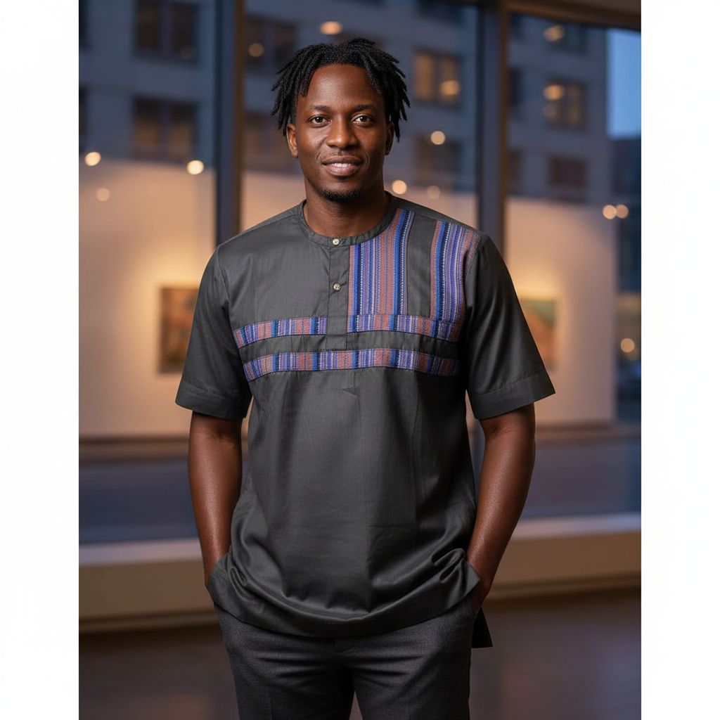 Chemise homme coton marron brun, col rond, motif tissé, style ethnique