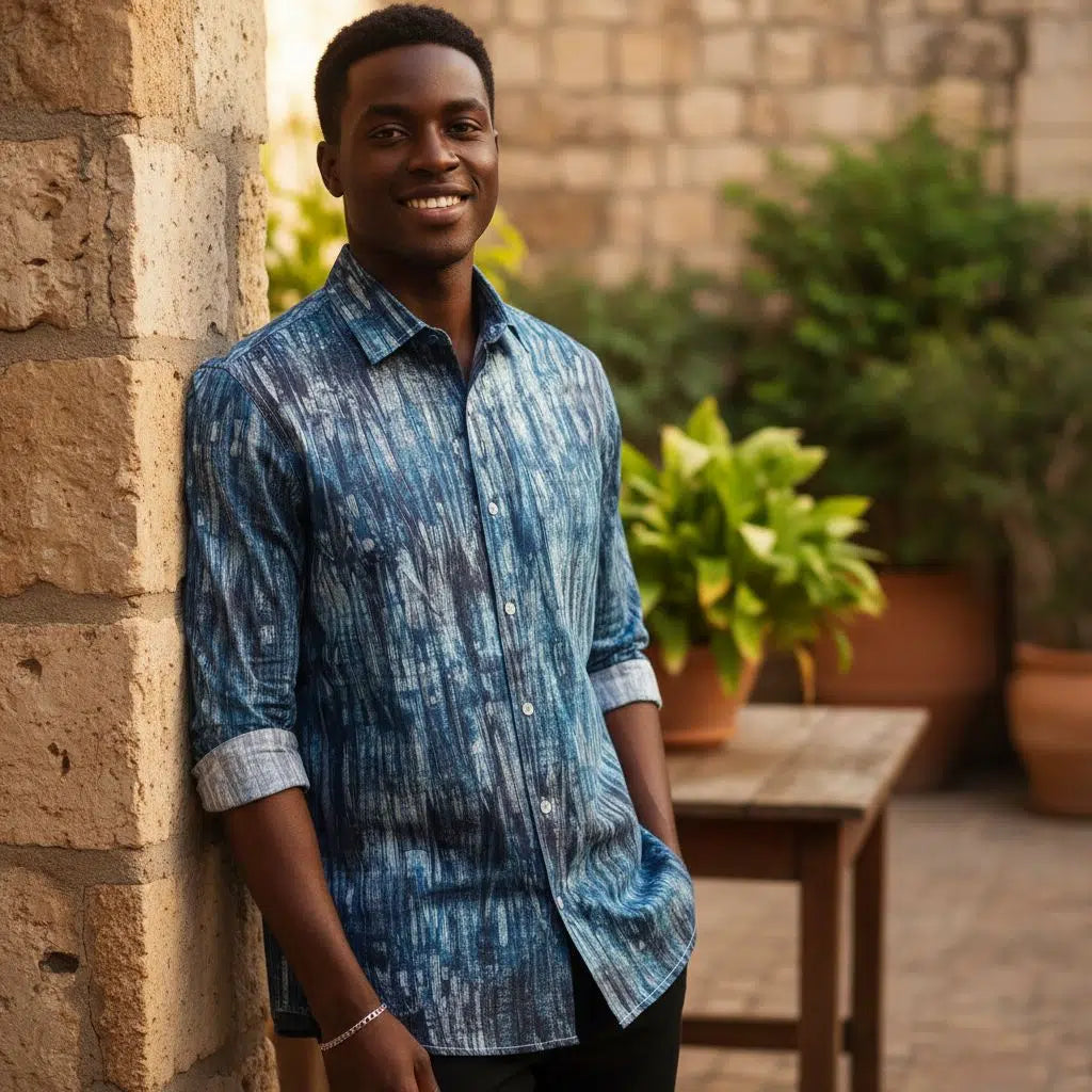 Chemise homme coton 2XL manches longues, motif artistique vert turquoise