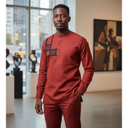 Chemise homme coton rouge col mao pagne tissé manches longues