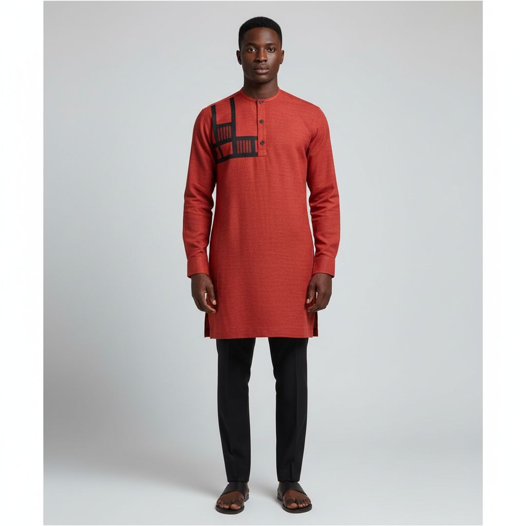 Chemise homme coton rouge col mao pagne tissé manches longues