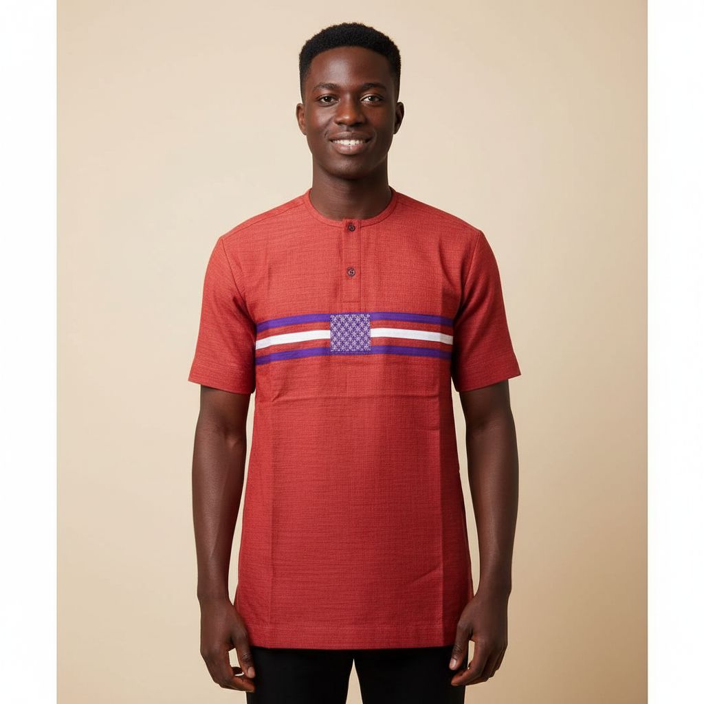 Chemise homme coton rouge col rond et pagne tissé