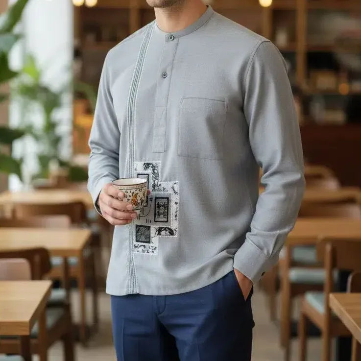 Chemise Homme Lin Gris Brodée - Élégance Artisanale Ethnique