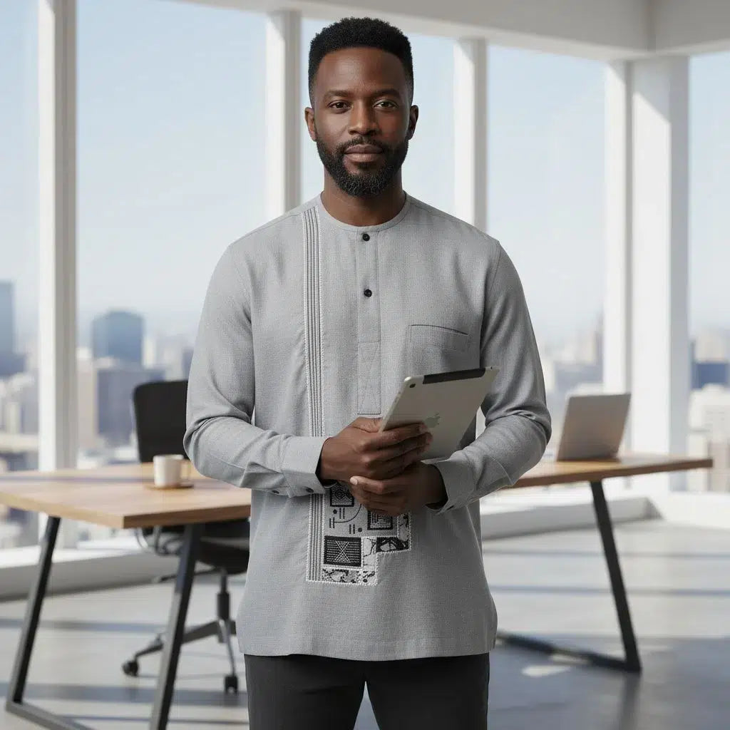 Chemise Homme Lin Gris Brodée - Élégance Artisanale Ethnique