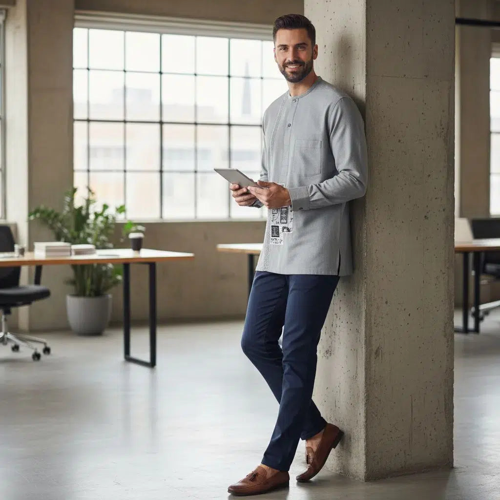 Chemise Homme Lin Gris Brodée - Élégance Artisanale Ethnique
