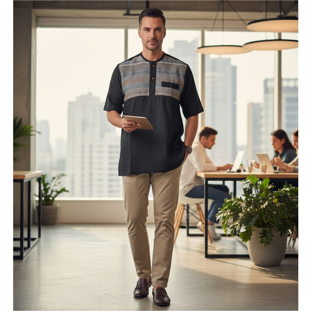 Chemise homme lin patchwork pagne tissé brodée – Élégance ethnique chic