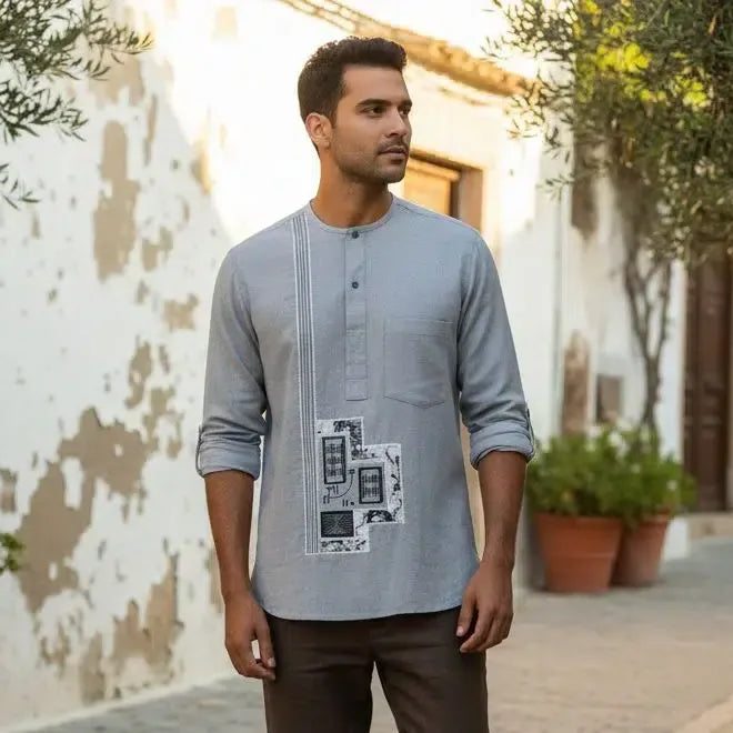Chemise Homme Lin Gris Brodée - Élégance Artisanale Ethnique