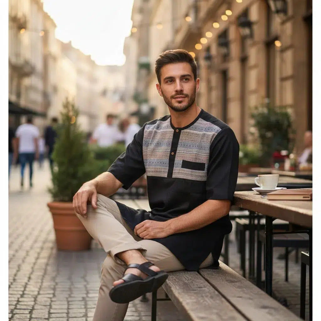 Chemise homme lin patchwork pagne tissé brodée – Élégance ethnique chic