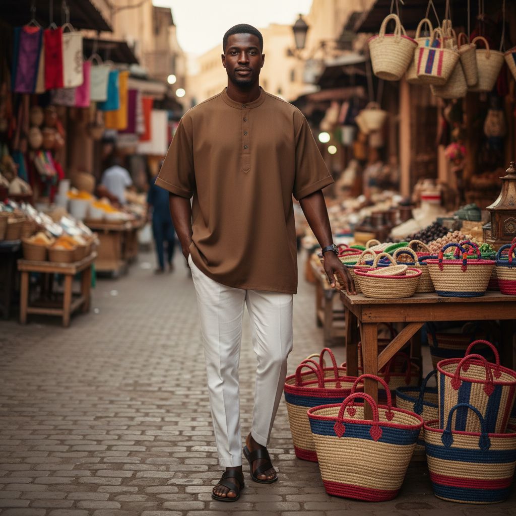 Chemise homme marron tabac col rond ample coton – Manche courte confortable