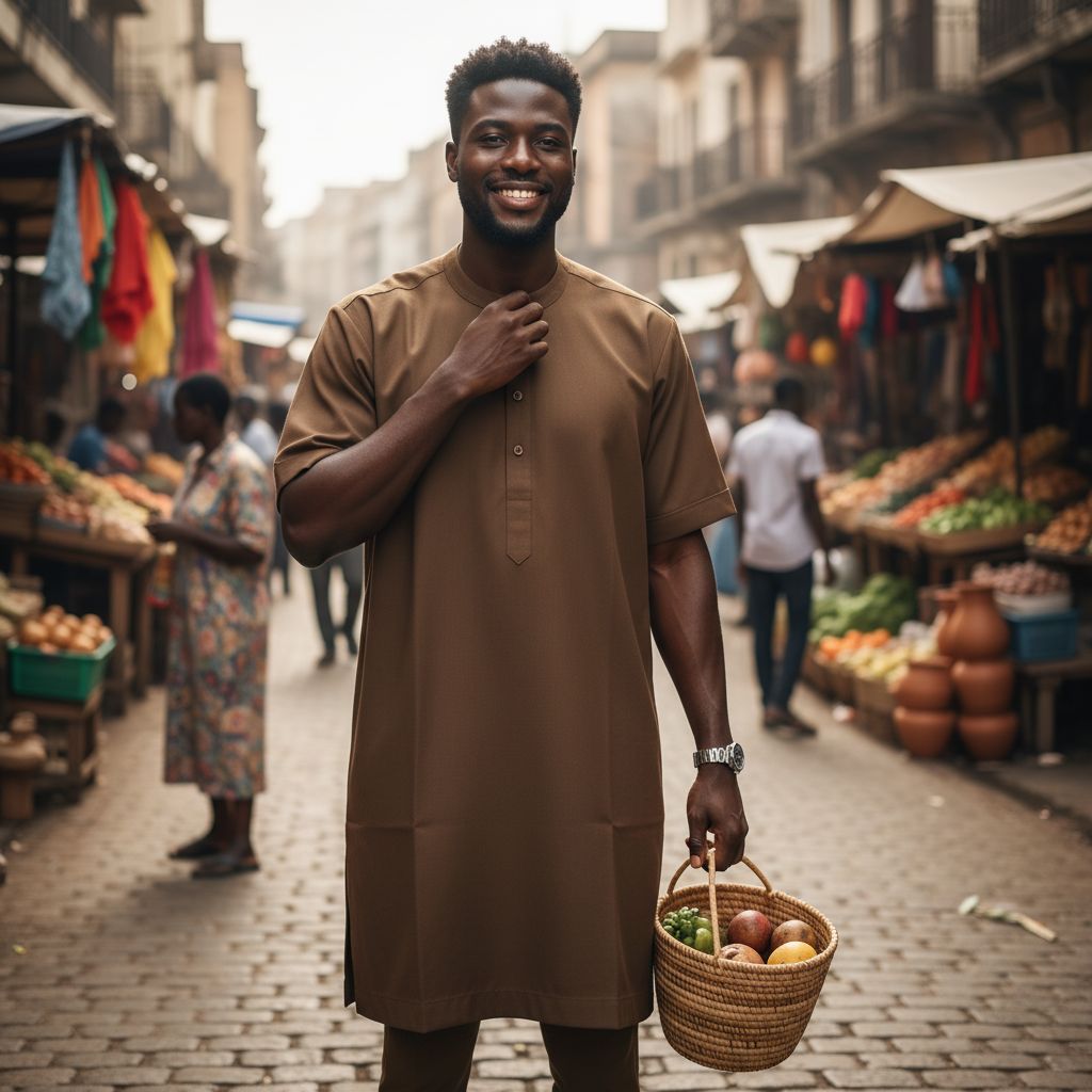 Chemise homme marron tabac col rond ample coton – Manche courte confortable