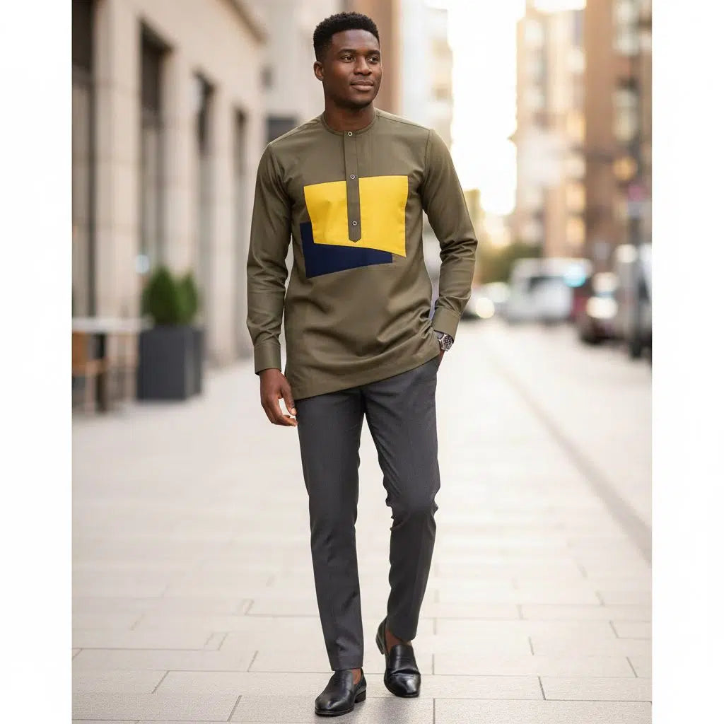 Chemise homme moderne kaki coton avec manches longues