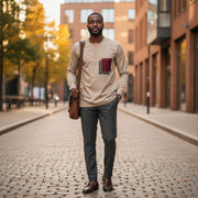 Chemise homme moderne beige en coton, col rond, style casual chic élégant
