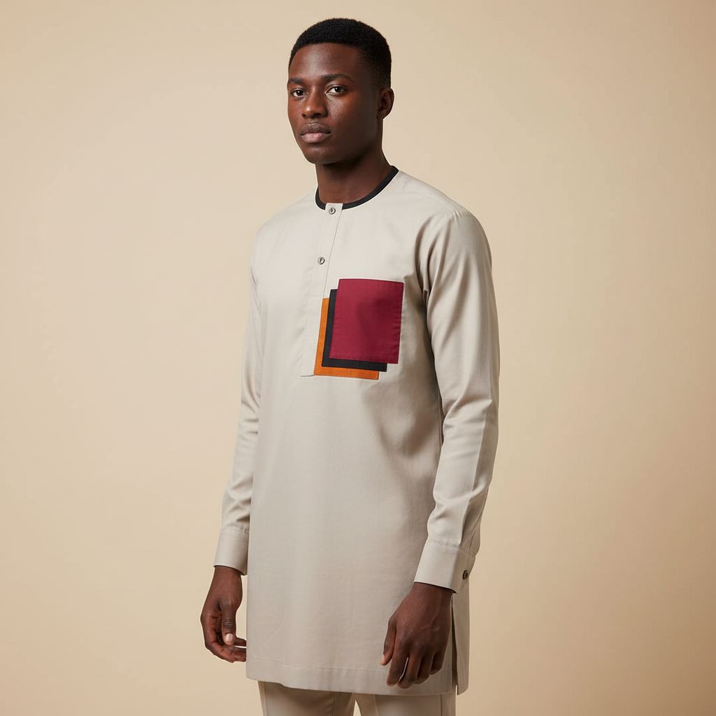 Chemise homme moderne beige coton, col rond, style urbain élégant XL