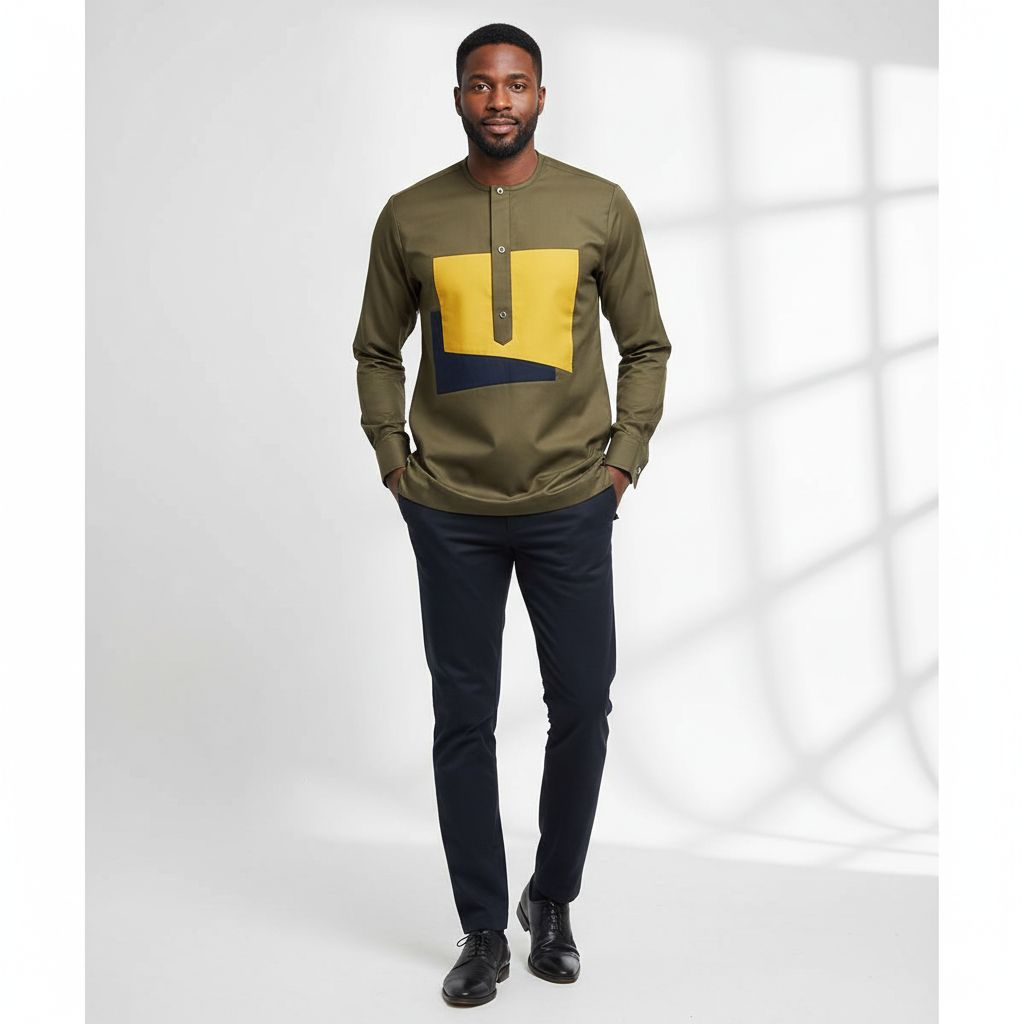 Chemise homme moderne kaki coton avec manches longues