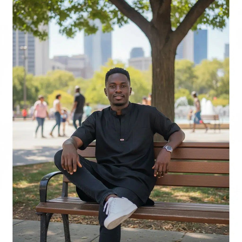 Chemise homme noire col mao coton, élégante et moderne, manches courtes