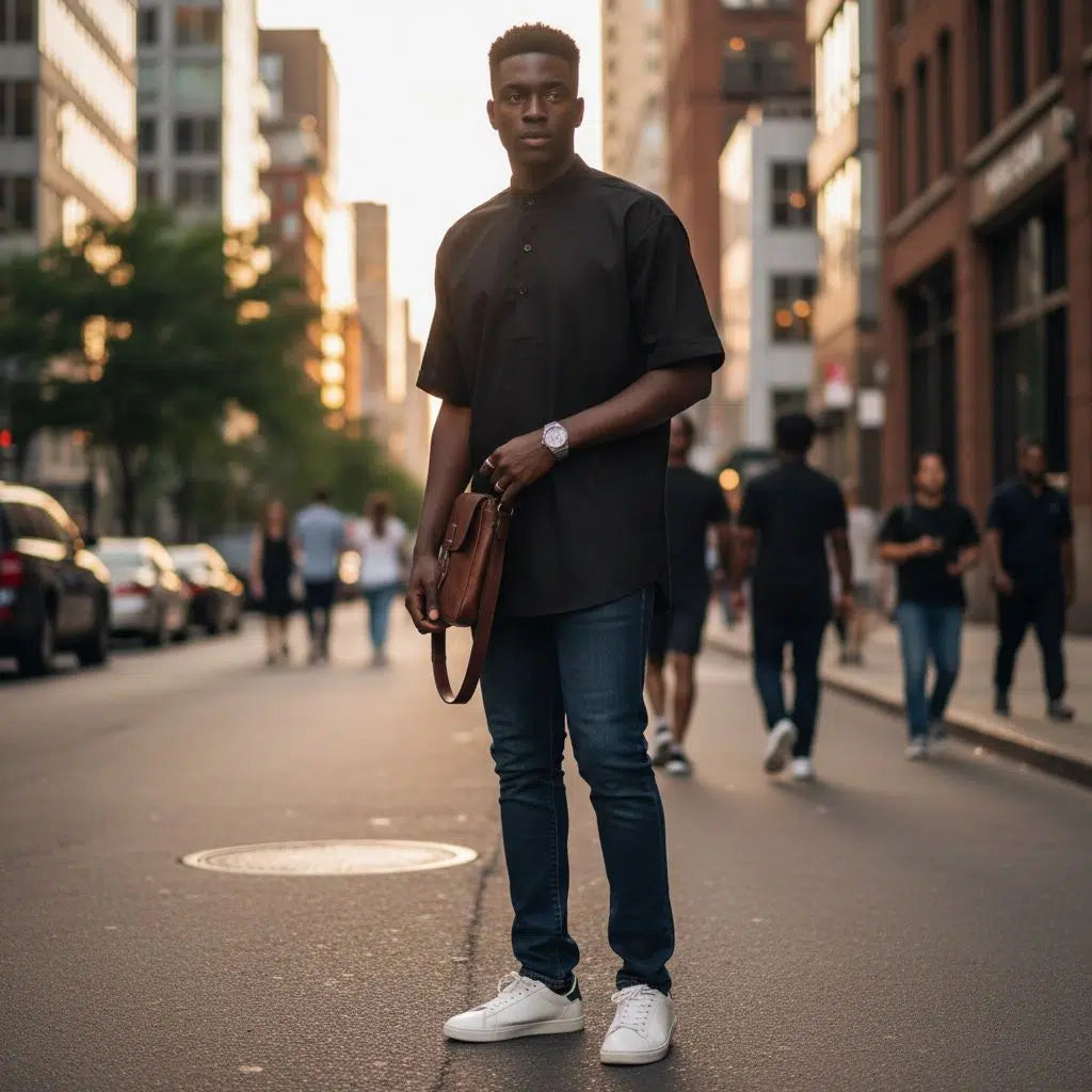 Chemise homme noire col mao, manches courtes