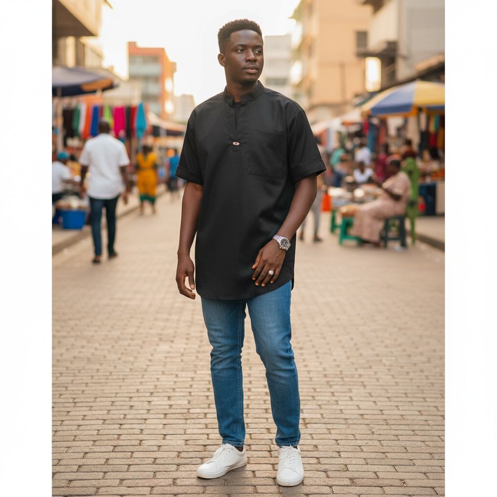 Chemise homme noire col mao coton, élégante et moderne, manches courtes