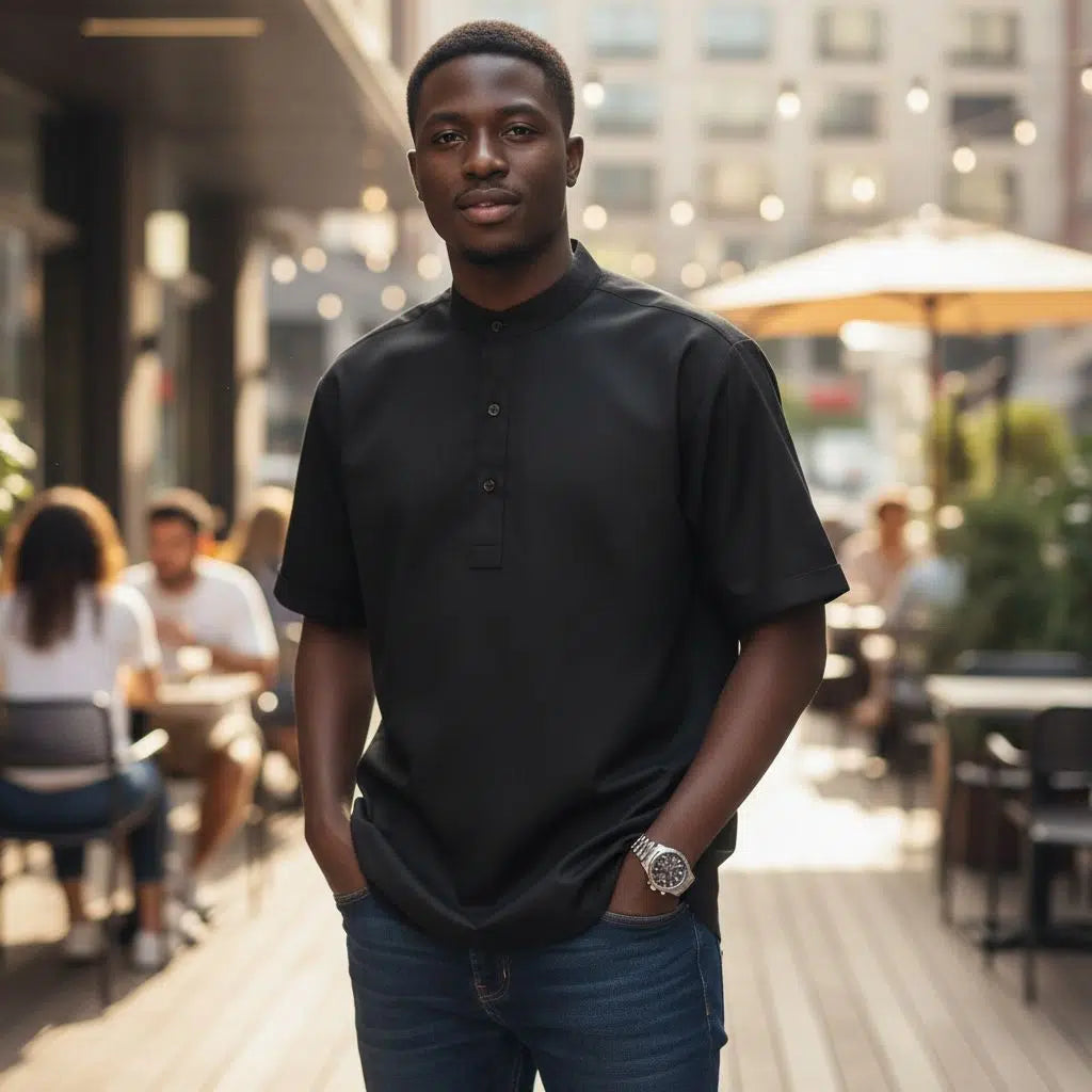 Chemise homme noire col mao, manches courtes