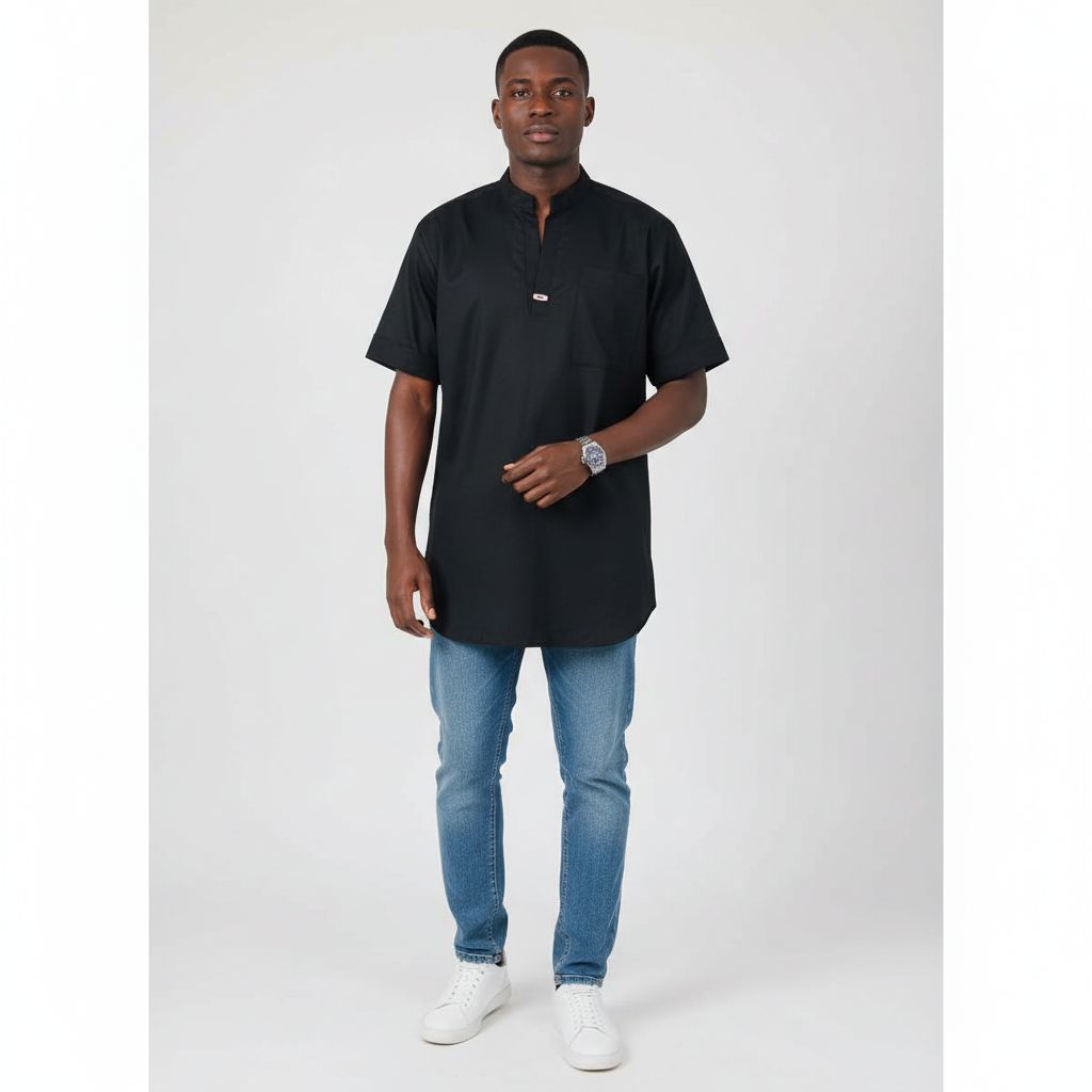 Chemise homme noire col mao coton, élégante et moderne, manches courtes