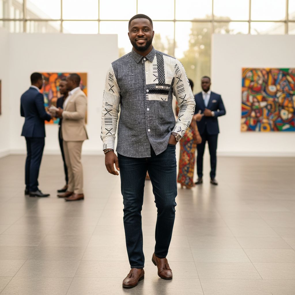 Chemise homme patchwork lin lourd gris et manches woodin imprimé géométrique